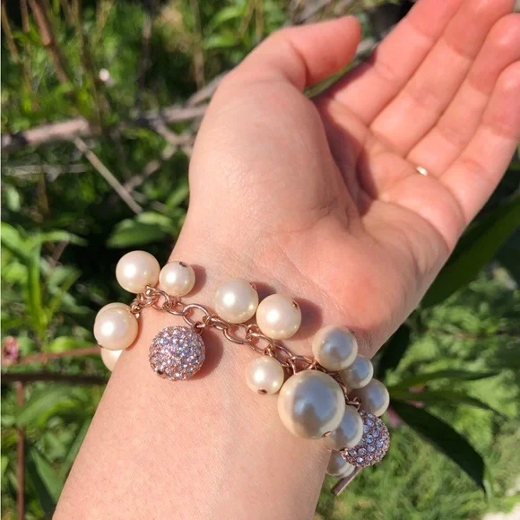 Carolee Elegant Pearl and Champagne Pink Gold Charm Pave Gloves Bracelet - Picture 5 of 7